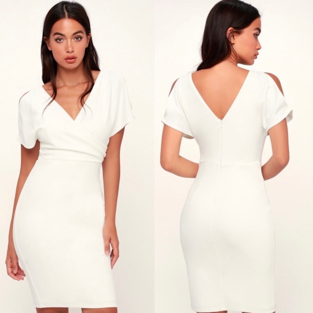 Lulu's White V-Neck Cold-Shoulder Sheath Dress